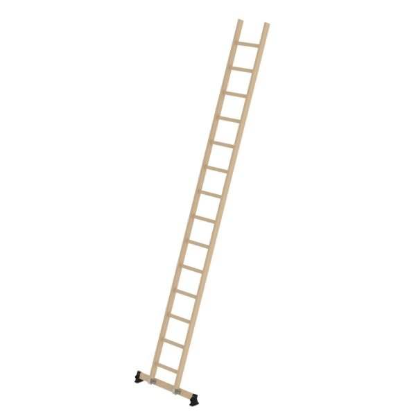 Eine große beige Holzleiter mit schwarzen Stabilisierungsfüßen, aufrecht auf weißem Hintergrund gezeigt.