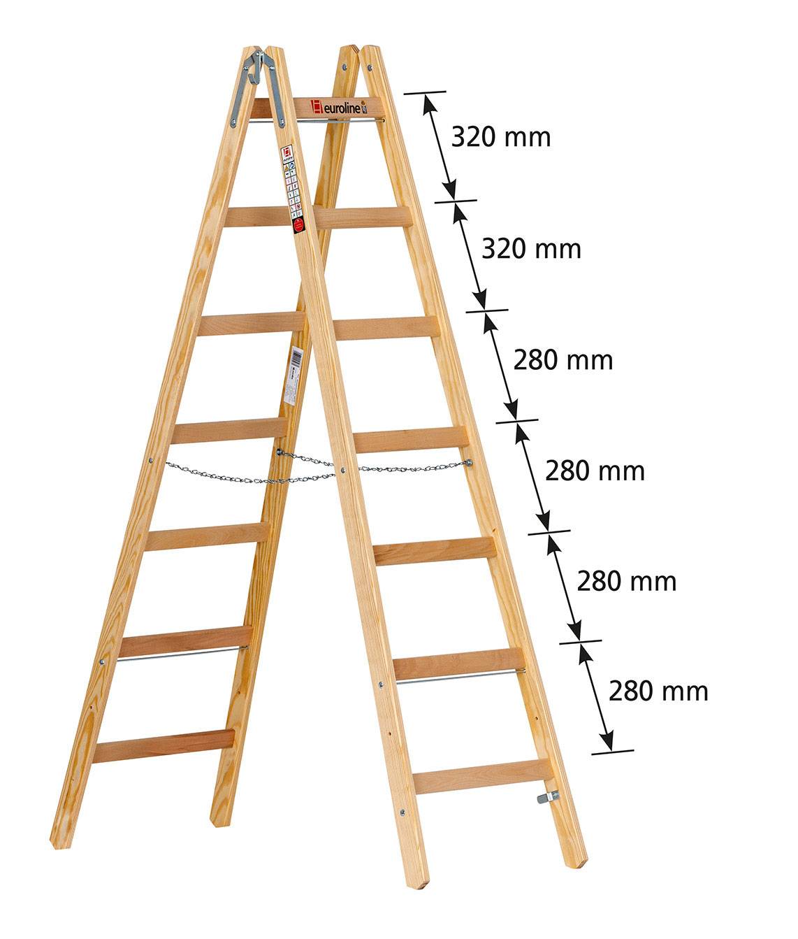 Euroline Holz Sprossenstehleiter Nr. 12506 mit Eimerhaken 2x8 Sprossen