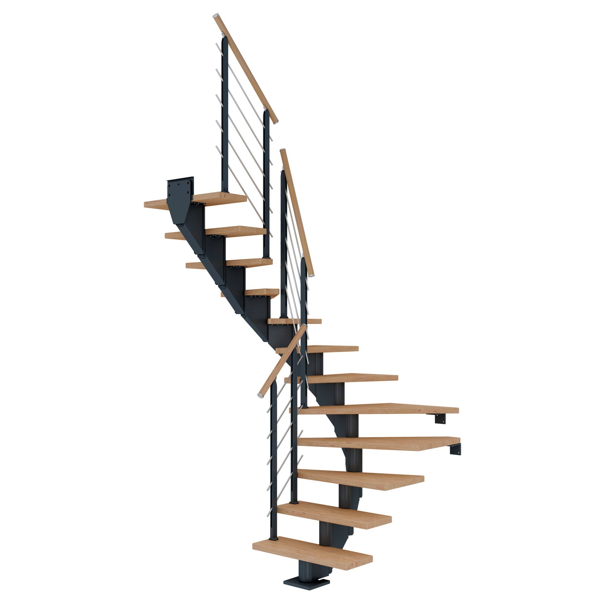 Dolle Mittelholmtreppe Hamburg 1/2 gewendelt Eiche weiß, geölt 75 cm breit für GH 240 – 279 cm UK Metall Anthrazit mit Geländer