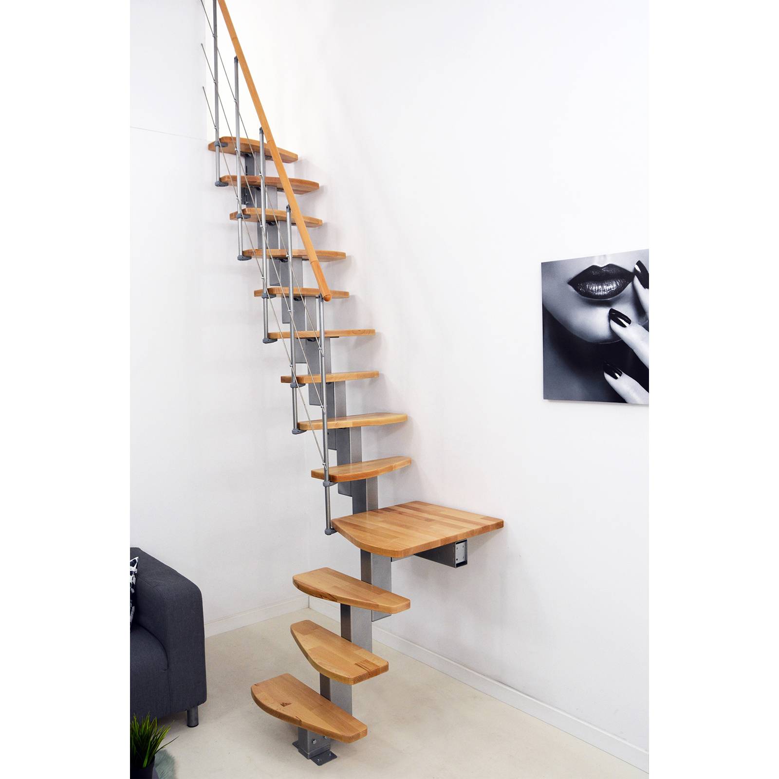 Minka Mittelholmtreppe Quatro Turn 38 - 298cm Geschosshöhe Buche Grau