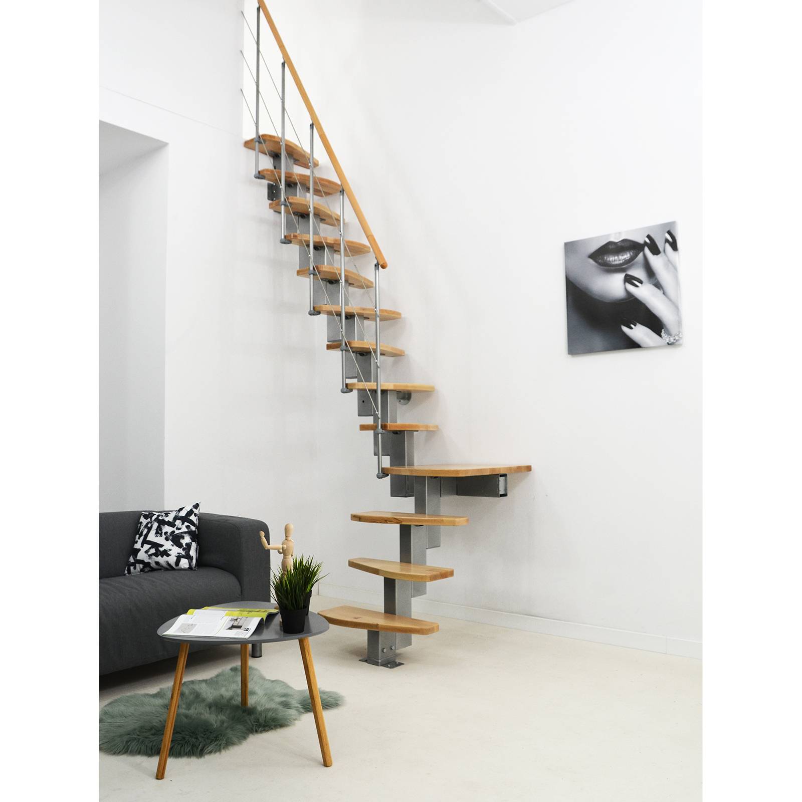 Minka Mittelholmtreppe Quatro Turn 38 - 298cm Geschosshöhe Buche Grau