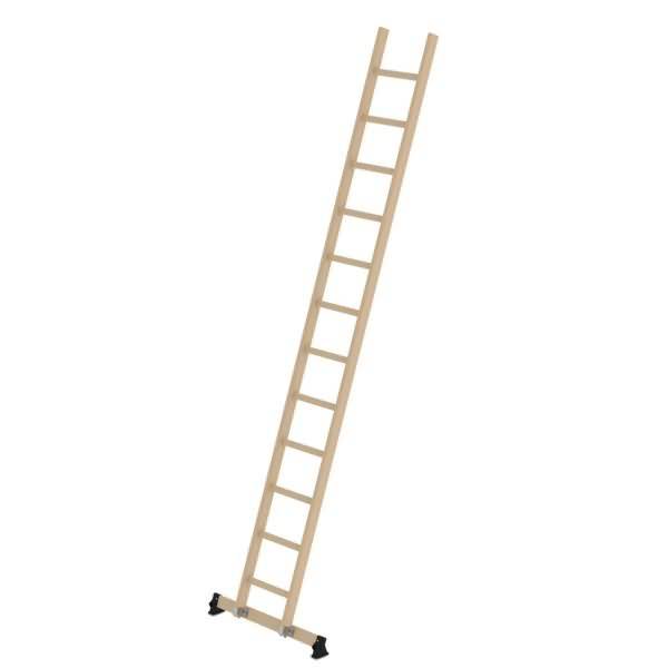Eine hohe Holzleiter lehnt aufrecht, mit schwarzen Füßen an der Basis und ohne weitere sichtbare Umgebung.