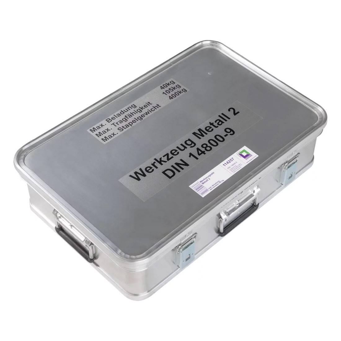 MUNK Rettungstechnik Aluminium Kasten 600x400x150mm mit Deckel, Beschriftung "Werkzeugsatz Metall 2"