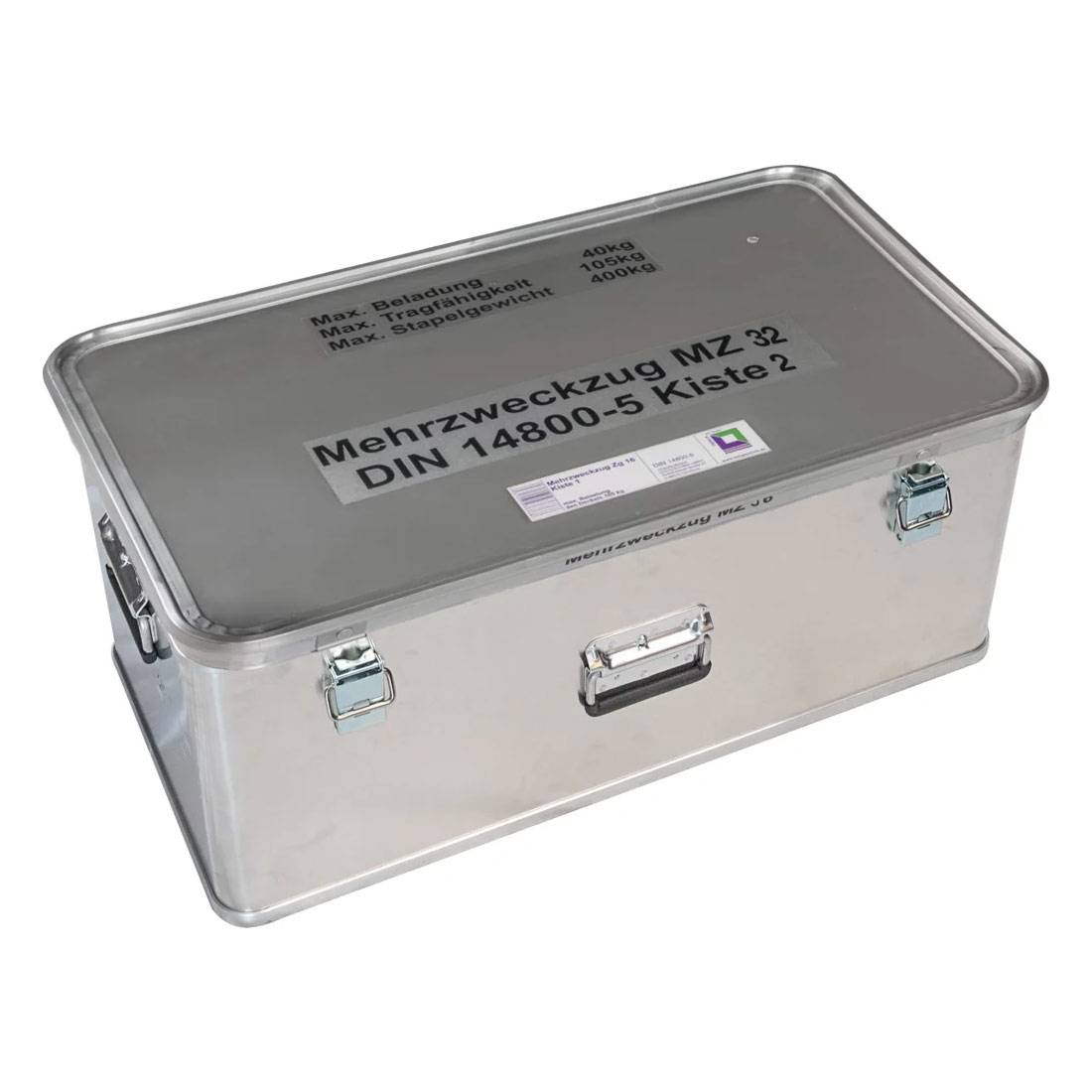 MUNK Rettungstechnik Aluminium Kasten 800x400x330mm mit Deckel, Beschriftung "Mehrzweckzug MZ 32 Kasten 2"