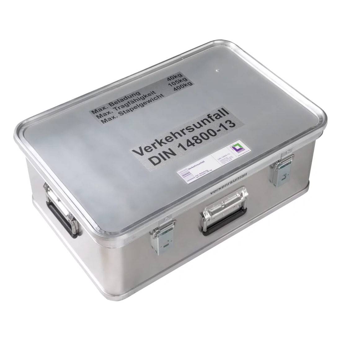 MUNK Rettungstechnik Aluminium Kasten 600x400x220mm mit Deckel, Beschriftung "Verkehrsunfall"