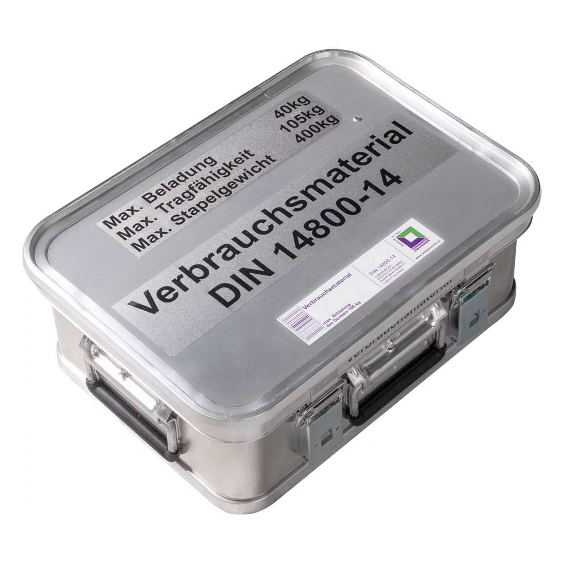 MUNK Rettungstechnik Aluminium Kasten 400x300x150mm mit Deckel, Beschriftung "Verbrauchsmaterial"