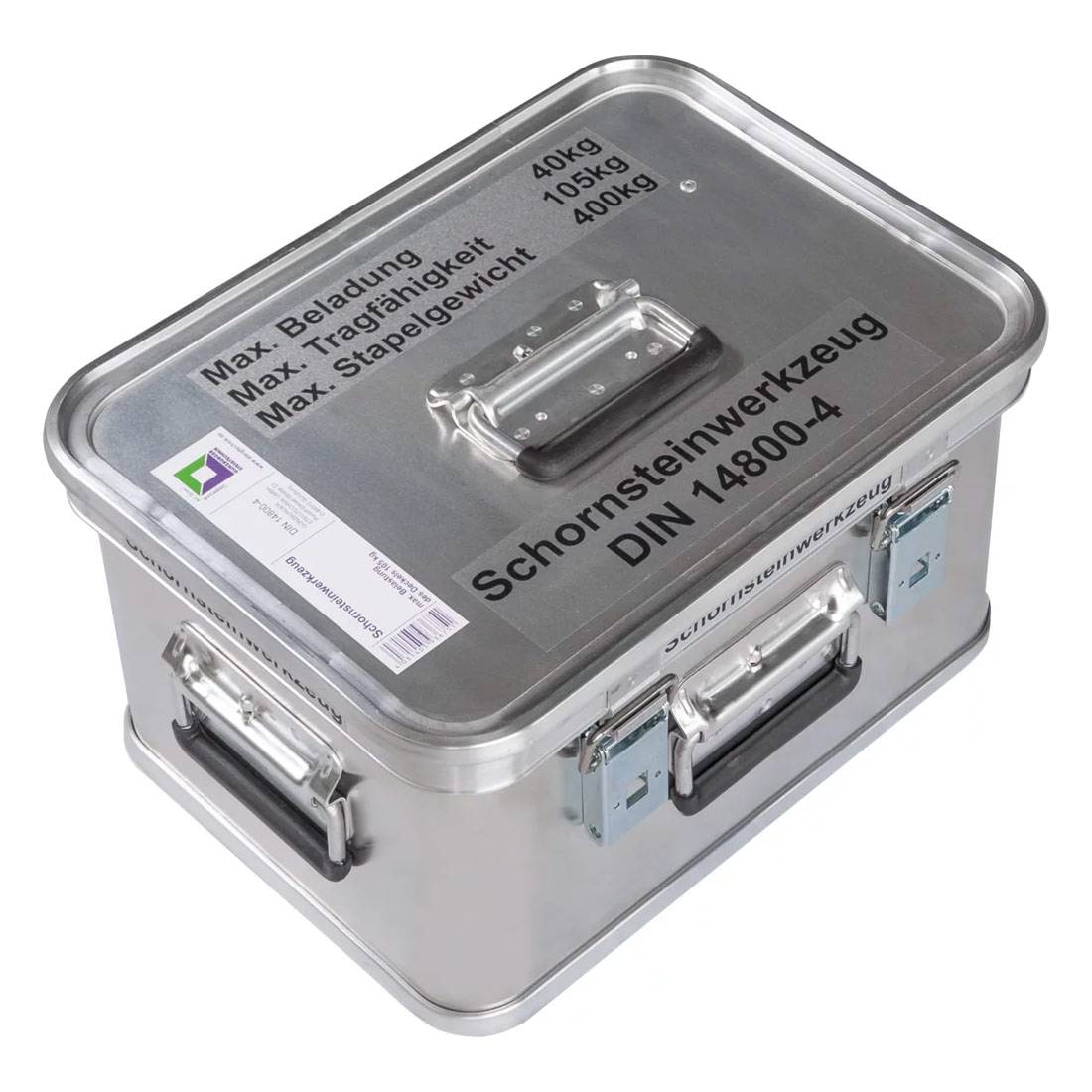 MUNK Rettungstechnik Aluminium Kasten 400x300x220mm mit Deckel, Beschriftung "Schornsteinwerkzeug"