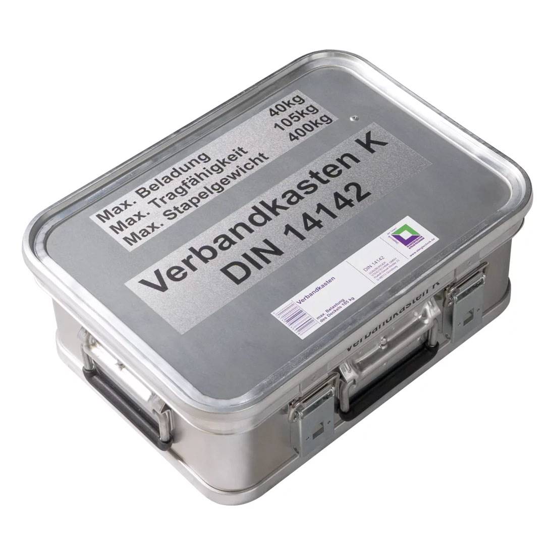 MUNK Rettungstechnik Aluminium Kasten 400x300x150mm mit Deckel, Beschriftung "Verbandskasten"