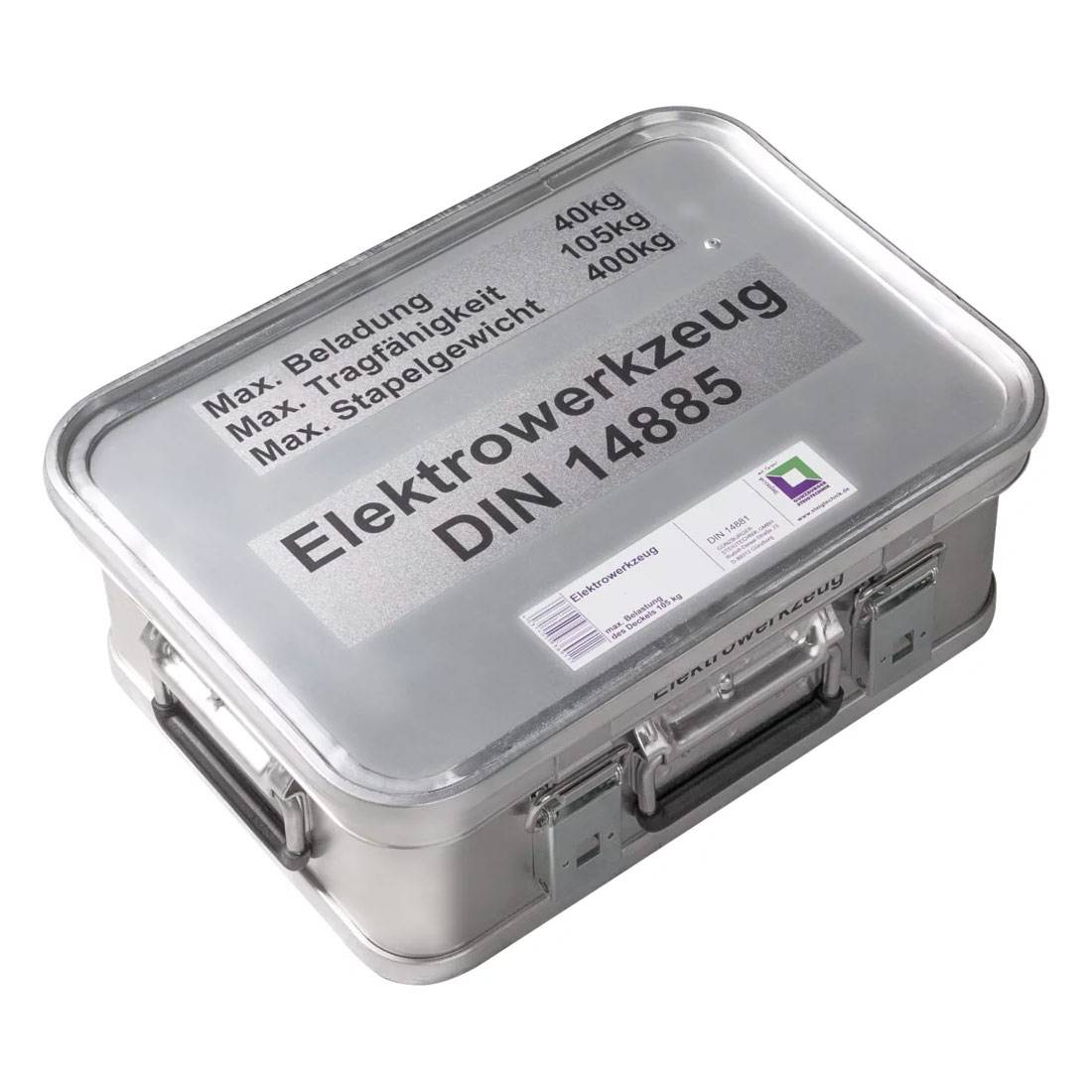 MUNK Rettungstechnik Aluminium Kasten 400x300x150mm mit Deckel, Beschriftung "Elektrowerkzeugsatz"