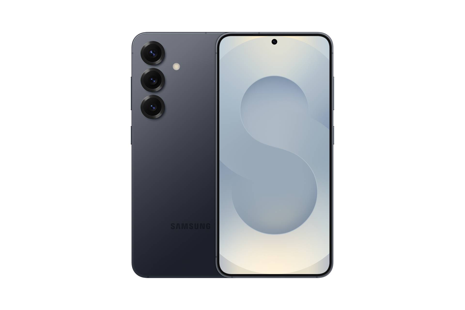 Vorder- und Rückansicht eines dunklen Samsung-Smartphones mit dreifacher Rückkamera und einem zentrierten Punch-Hole-Display auf schwarzem Hintergrund.