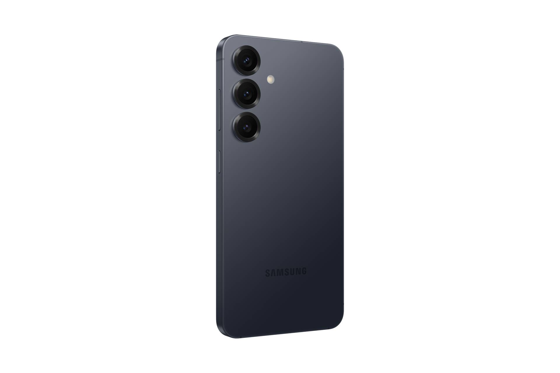 Rückansicht eines dunkelgrauen Samsung-Smartphones, das drei rückwärtige Kameras und einen Blitz auf schwarzem Hintergrund zeigt.