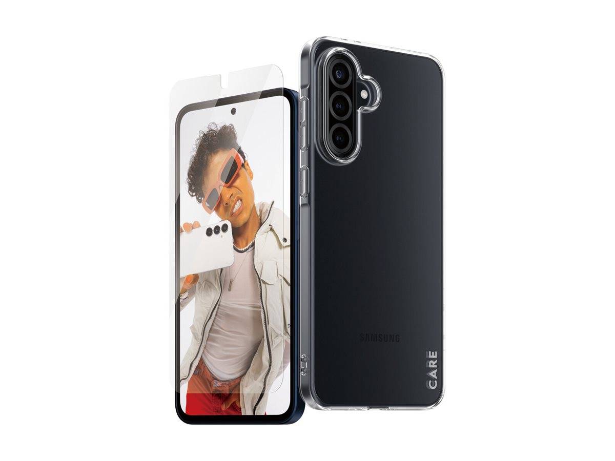 Ein Smartphone, das eine Person beim Selbstfoto zeigt, mit einer transparenten Schutzhülle daneben, die Smartphone-Zubehör hervorhebt.