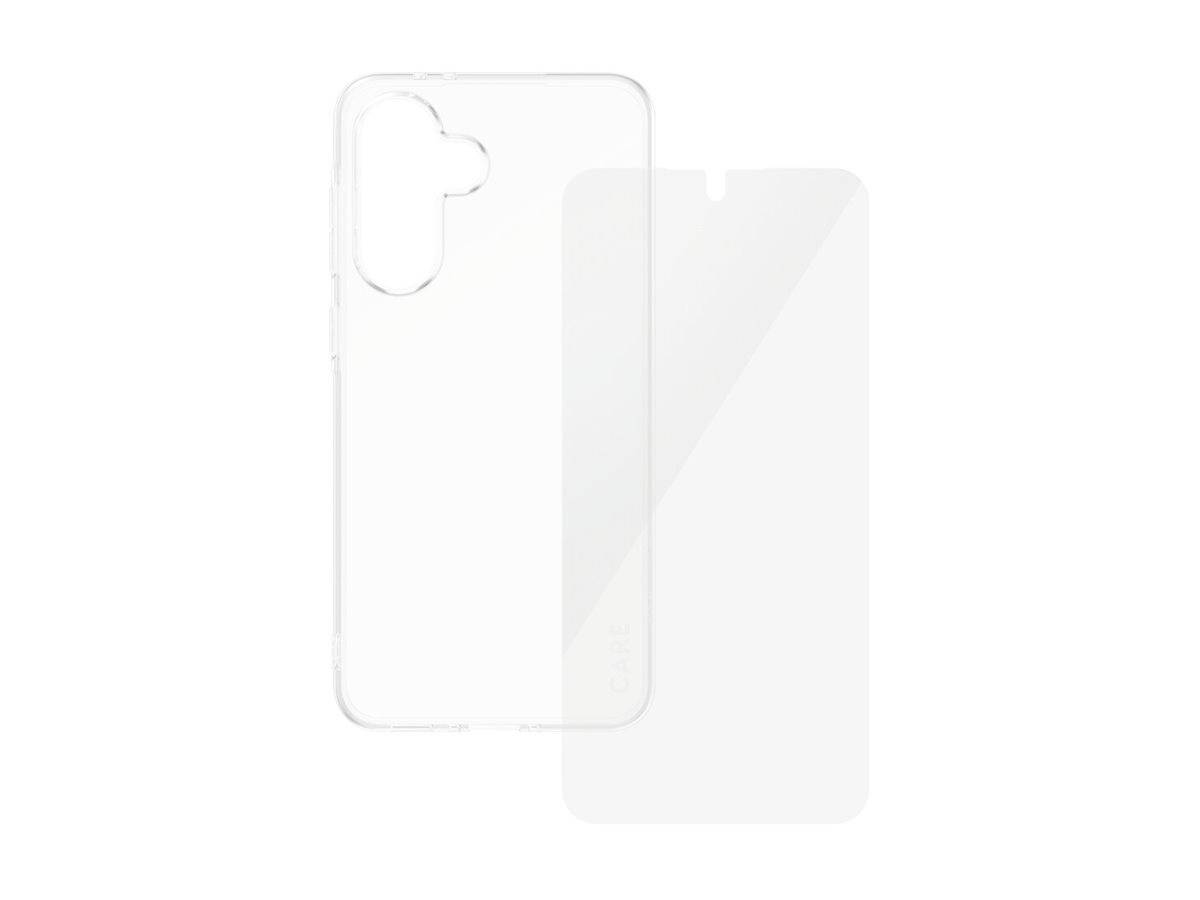 Eine durchsichtige Handyhülle und eine Schutzfolie werden präsentiert, die ihre Form und Abdeckung zeigen und für ein bestimmtes Telefonmodell entwickelt wurden.