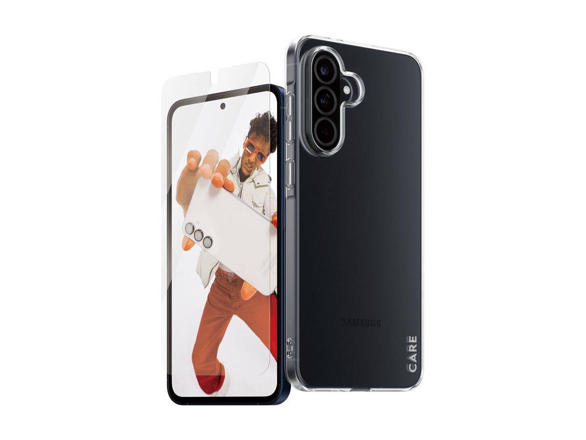 Smartphone mit einem Mann, der ein Foto auf dem Bildschirm macht. Transparente Handyhüllen werden präsentiert, die die Kameraflexibilität und das Design hervorheben.