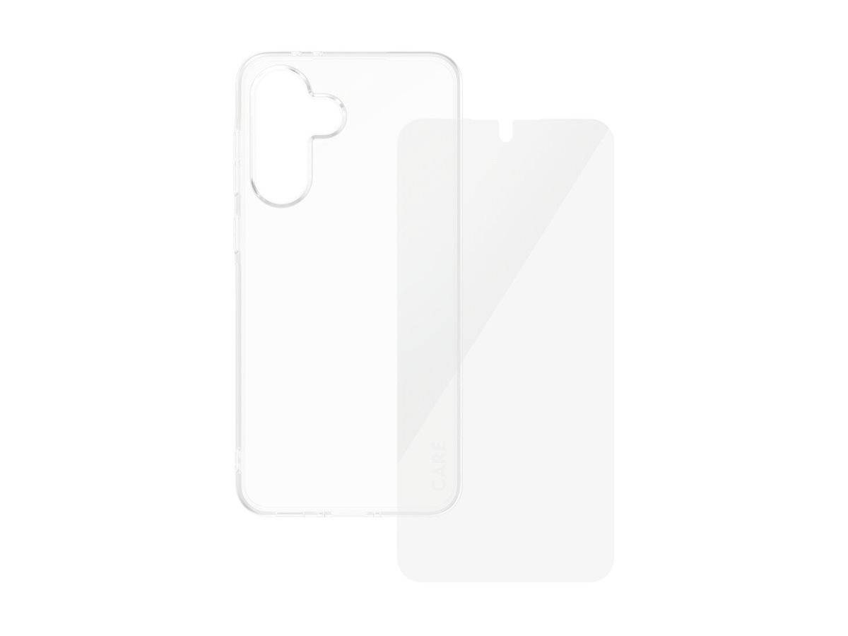 Transparentes Smartphone-Gehäuse und Displayschutz-Set, das die Form und Schutzfunktionen eines modernen Smartphones präsentiert.