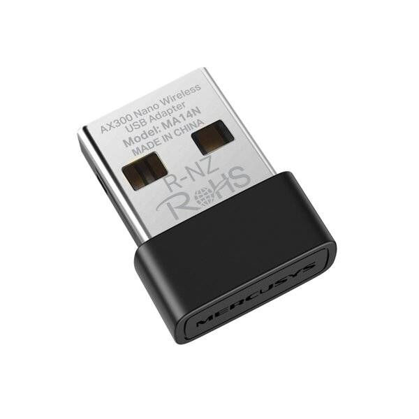 Mercusys AX300 Nano Wireless USB-Adapter, Modell MA14N, auf weißem Hintergrund dargestellt.