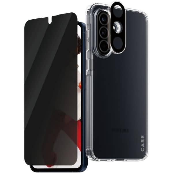 Smartphone mit schwarzem Datenschutz-Displayschutz und transparenter Schutzfolie auf der Rückseite gezeigt, wobei der Dual-Kamera-Ausschnitt hervorgehoben wird.