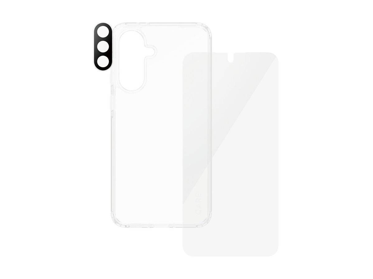 Transparente Handyhülle mit integriertem Kameraprotektor und Displayschutz.