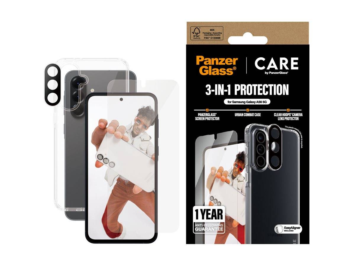 PanzerGlass 3-in-1 Schutzpaket für Samsung Galaxy A54 5G. Enthält Displayschutz, Kameraobjektivschutz und Hülle. Mit Anti-Vergilbungs-Garantie.