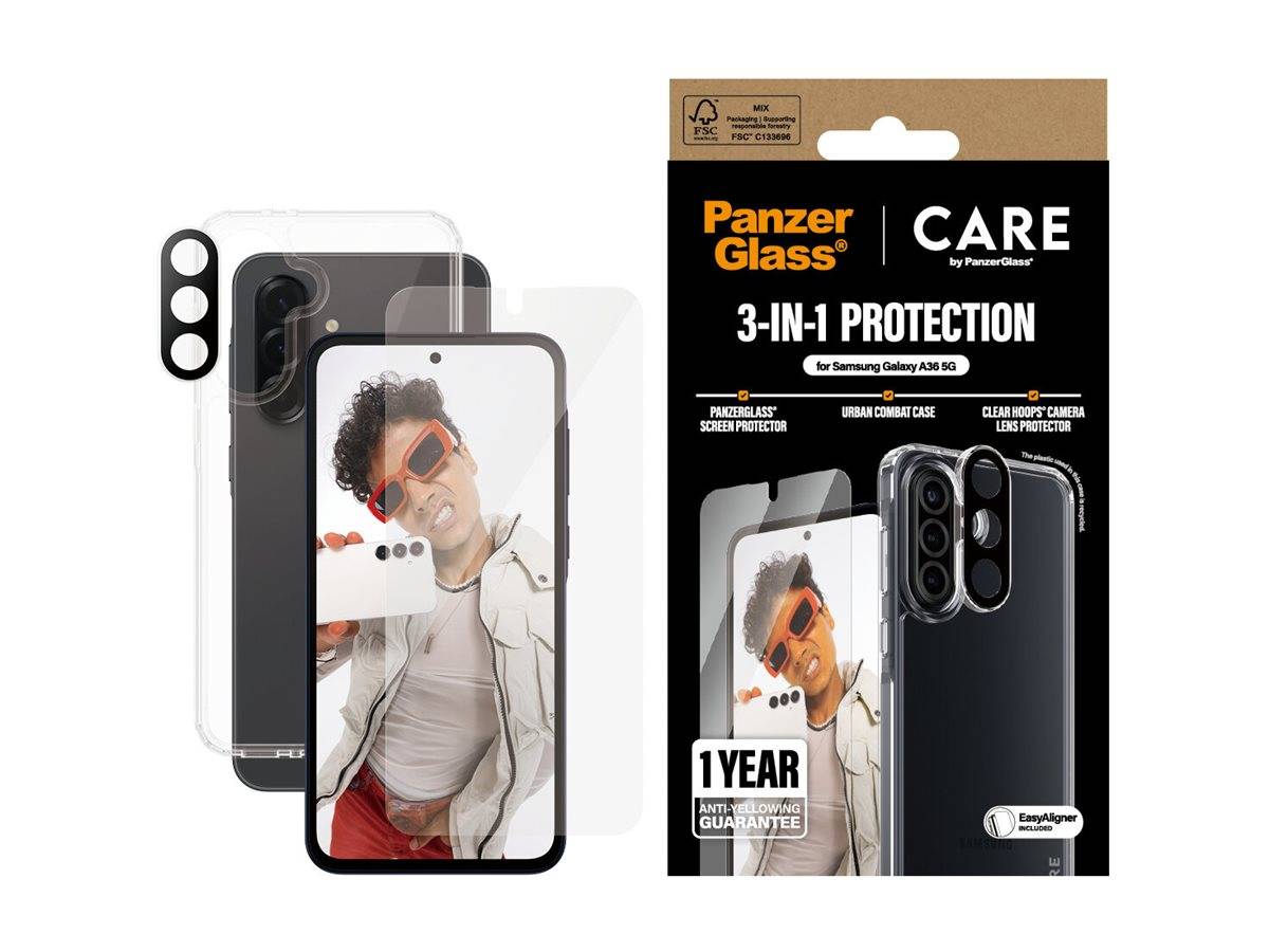 PanzerGlass 3-in-1 Schutz für Samsung Galaxy A54 5G, inklusive Displayschutz, transparenter Hülle und Kameraobjektiv-Schutz mit 1 Jahr Garantie.