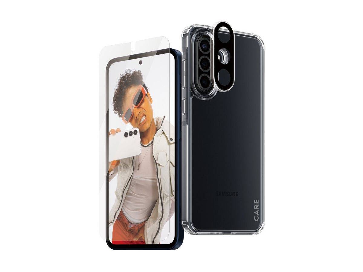 Transparente Handyhülle und Displayschutzfolie werden mit einem Smartphone präsentiert, wobei die Rück- und Vorderseite gezeigt werden. Eine Person hält das Telefon aus der Frontansicht.