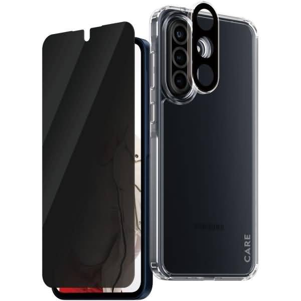 Displayschutzfolie und transparente Schutzhülle auf einem Smartphone, die den Schutz von Vorder- und Rückseite demonstrieren.