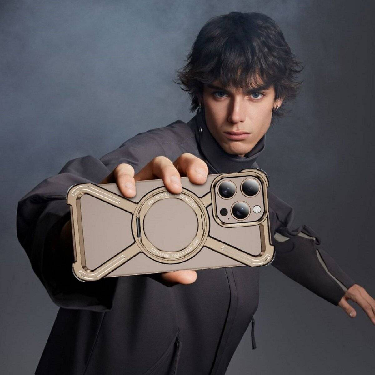 Bracket Case – Robuste Aluminium-Handyhülle mit integriertem Ringständer kompatibel mit iPhone 14 Gold