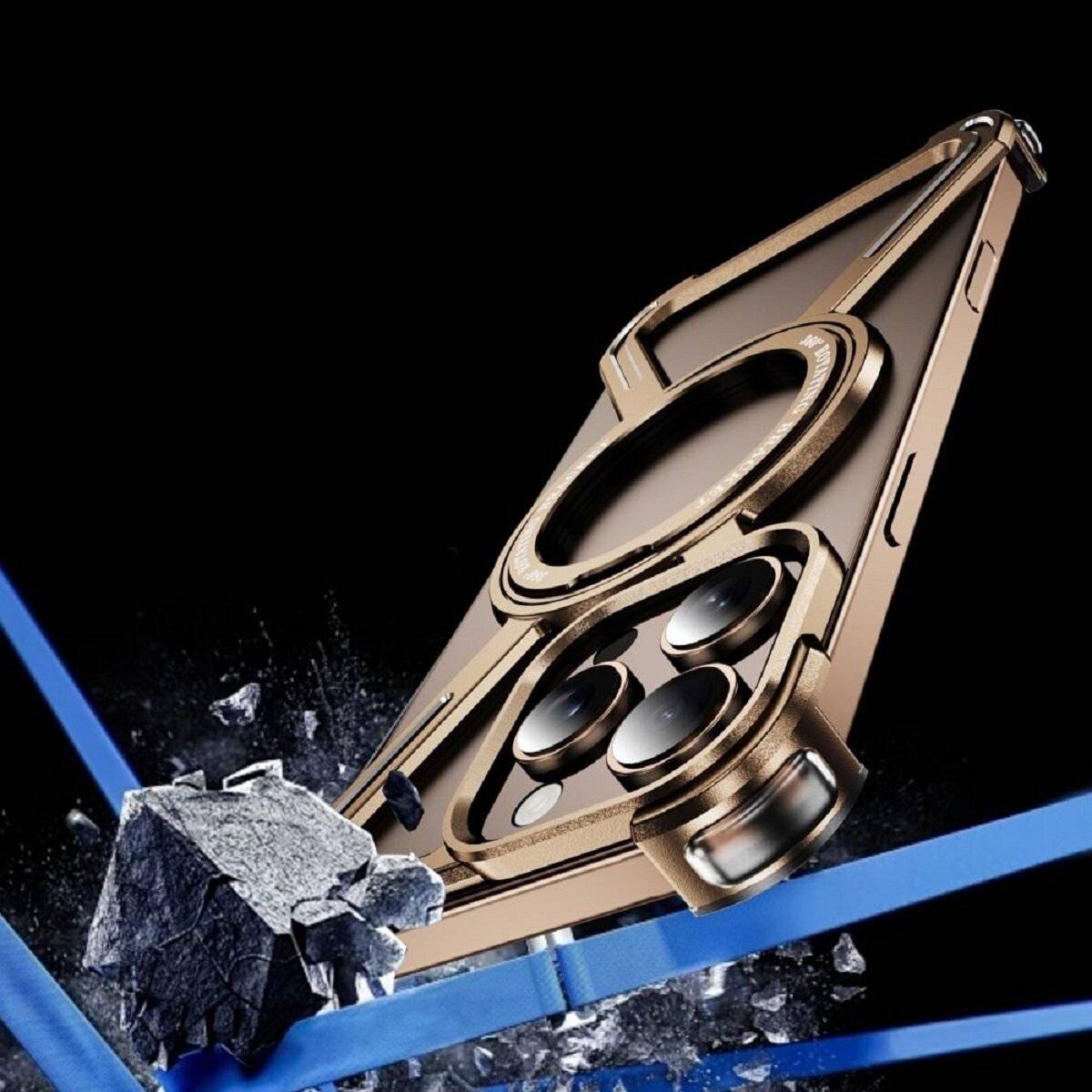 Bracket Case – Robuste Aluminium-Handyhülle mit integriertem Ringständer kompatibel mit iPhone 14 Gold