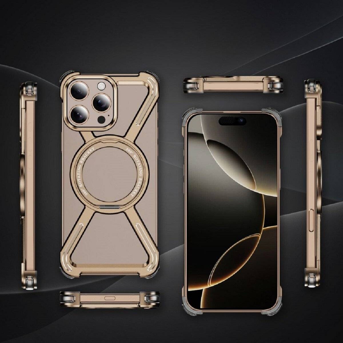 Bracket Case – Robuste Aluminium-Handyhülle mit integriertem Ringständer kompatibel mit iPhone 16 Gold