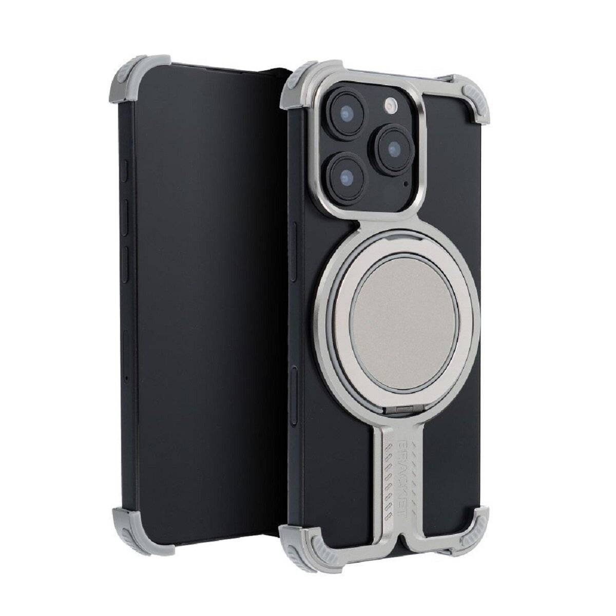 Bracket Case – Robuste Aluminium-Handyhülle mit integriertem Ringständer kompatibel mit iPhone 16 Silber