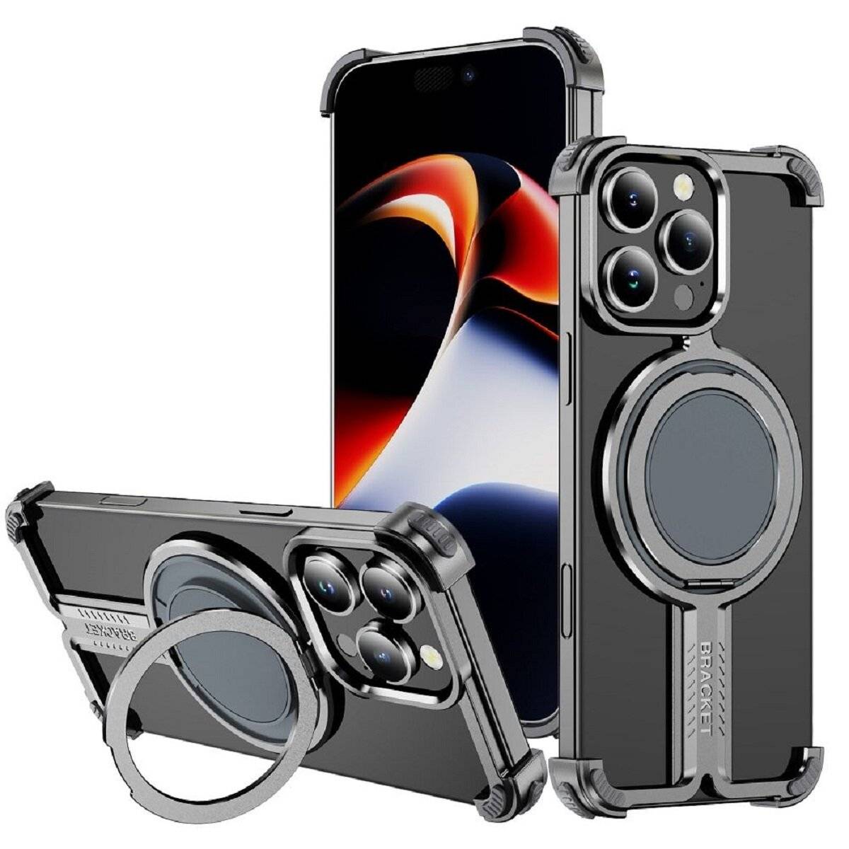 Bracket Case – Robuste Aluminium-Handyhülle mit integriertem Ringständer kompatibel mit iPhone 16 Silber