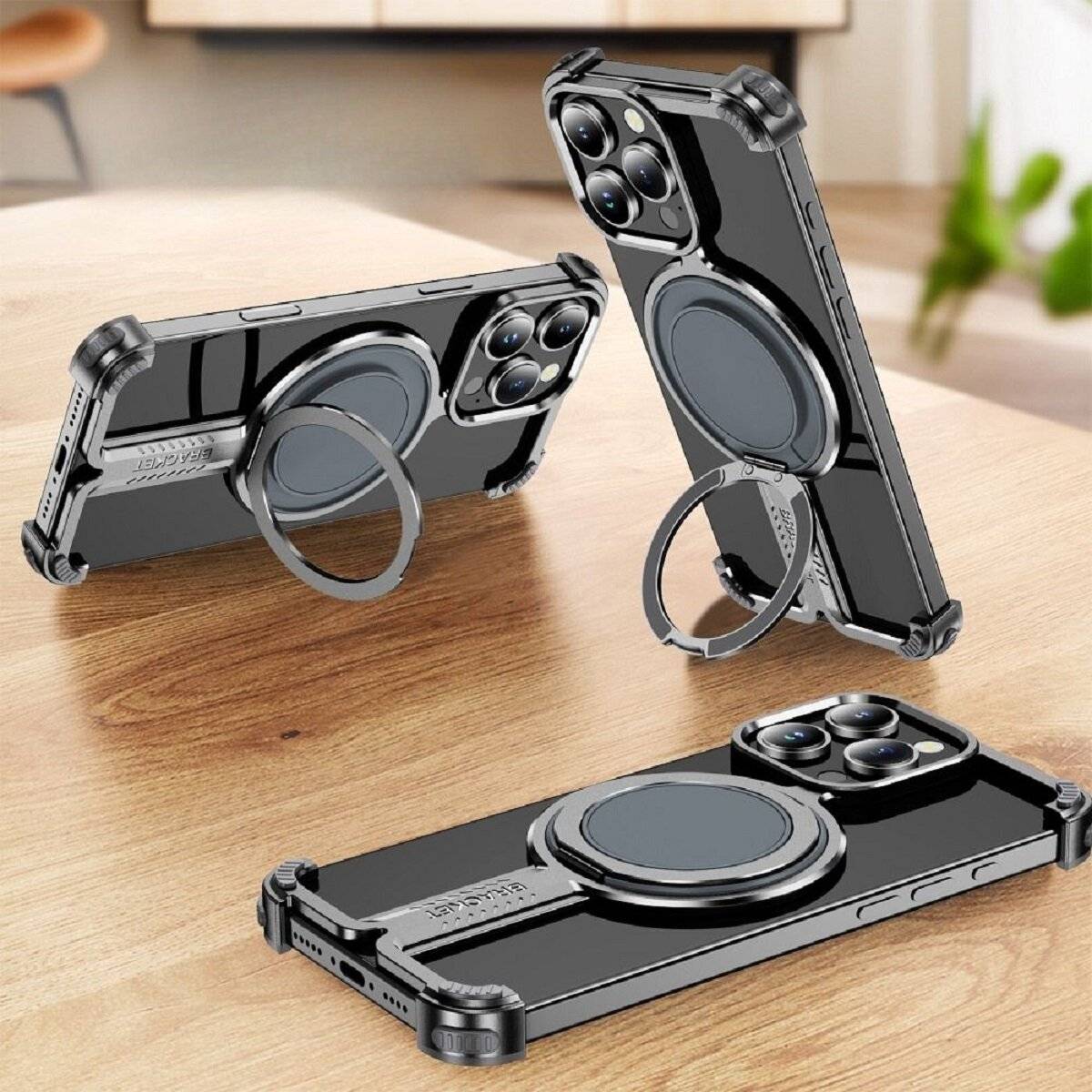 Bracket Case – Robuste Aluminium-Handyhülle mit integriertem Ringständer kompatibel mit iPhone 16 Silber