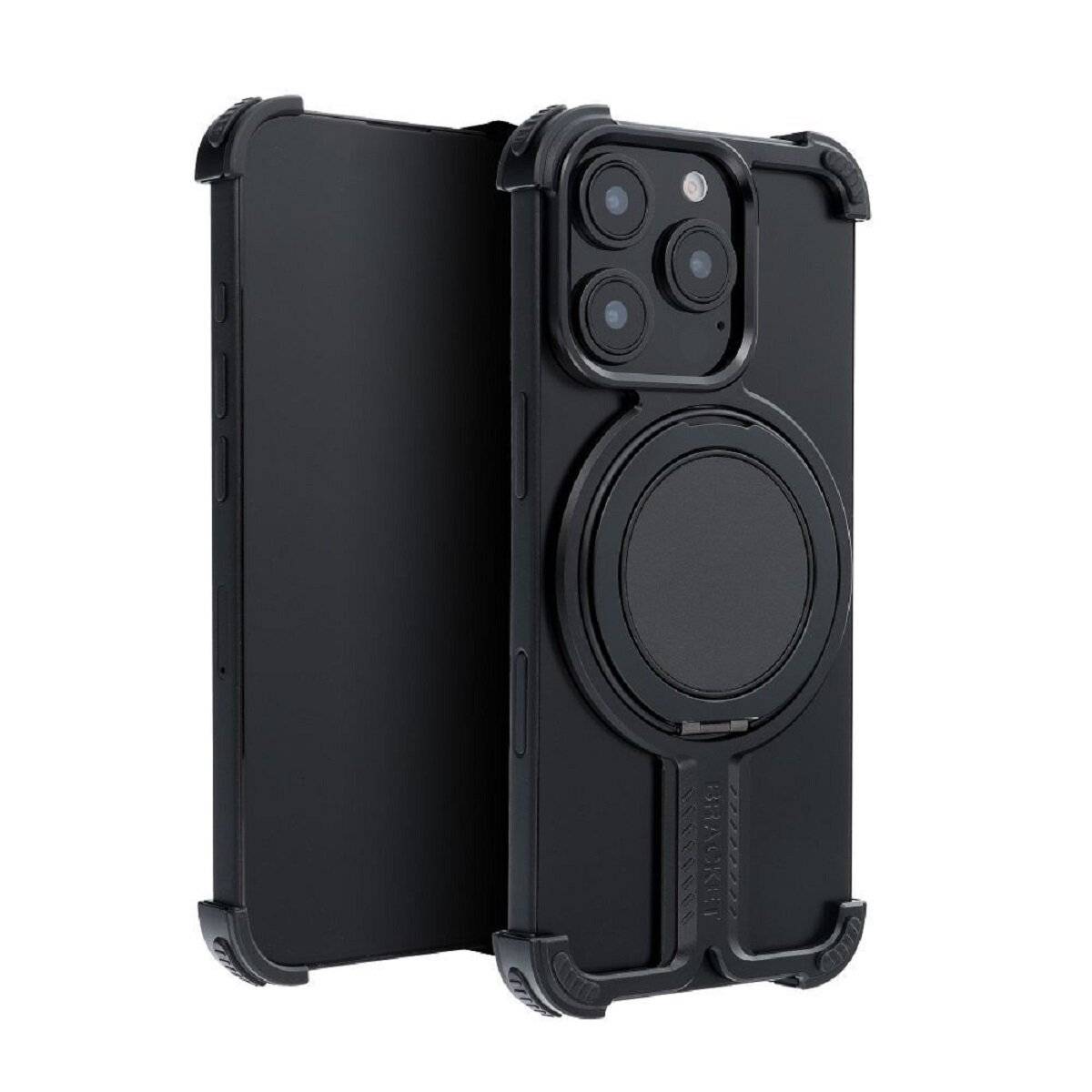 Bracket Case – Robuste Aluminium-Handyhülle mit integriertem Ringständer kompatibel mit iPhone 16 Schwarz