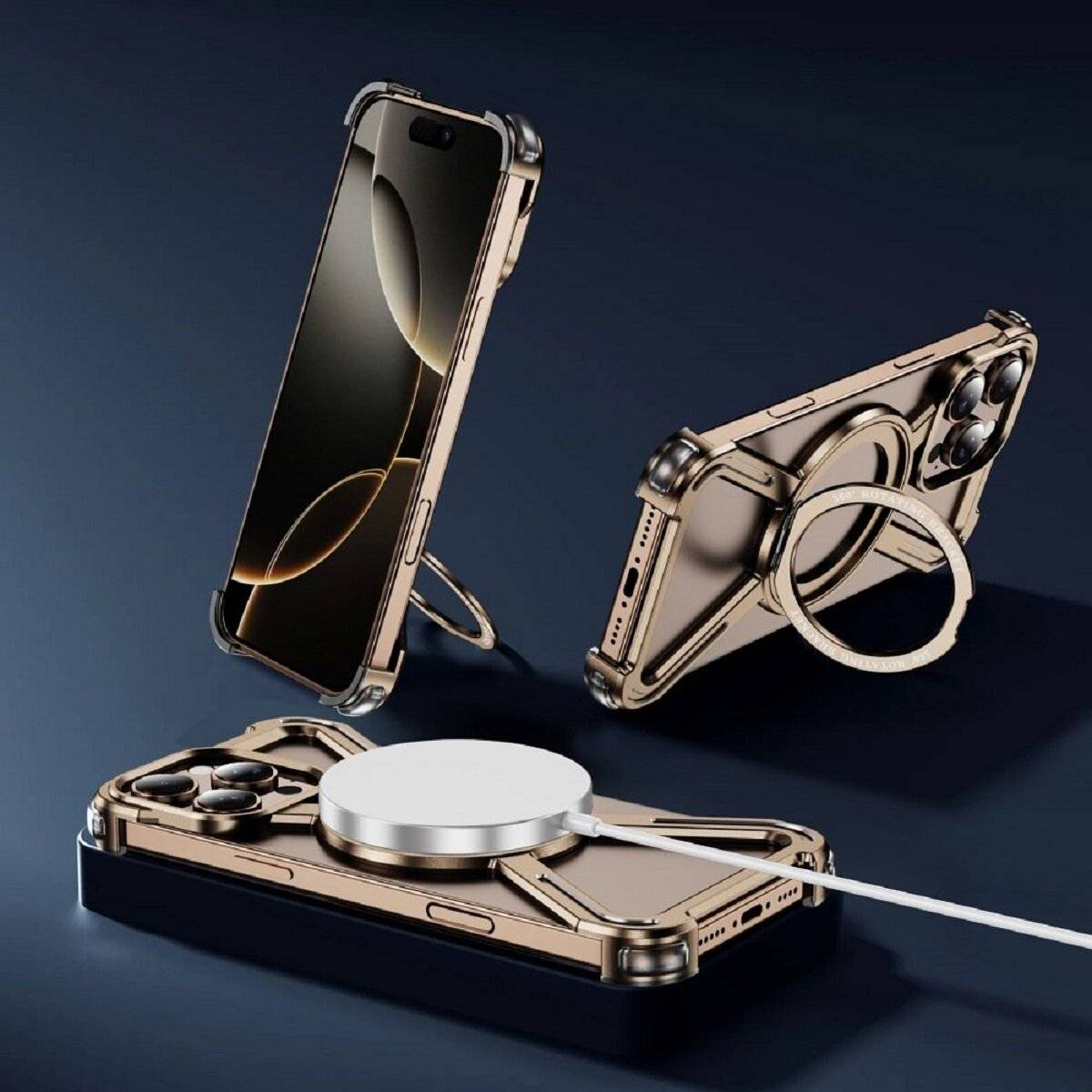 Aluminium Handyhülle Verstärkte Kanten und integrierter Ringständer kompatibel mit iPhone 13 Gold