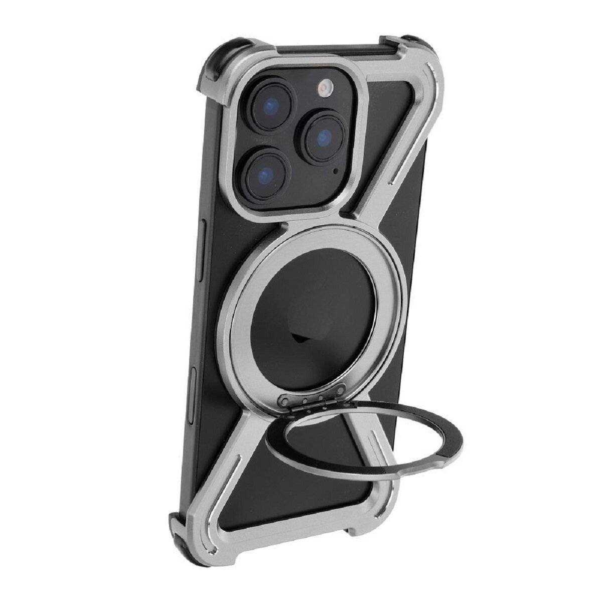 Aluminium Handyhülle Verstärkte Kanten und integrierter Ringständer kompatibel mit iPhone 15 Silber
