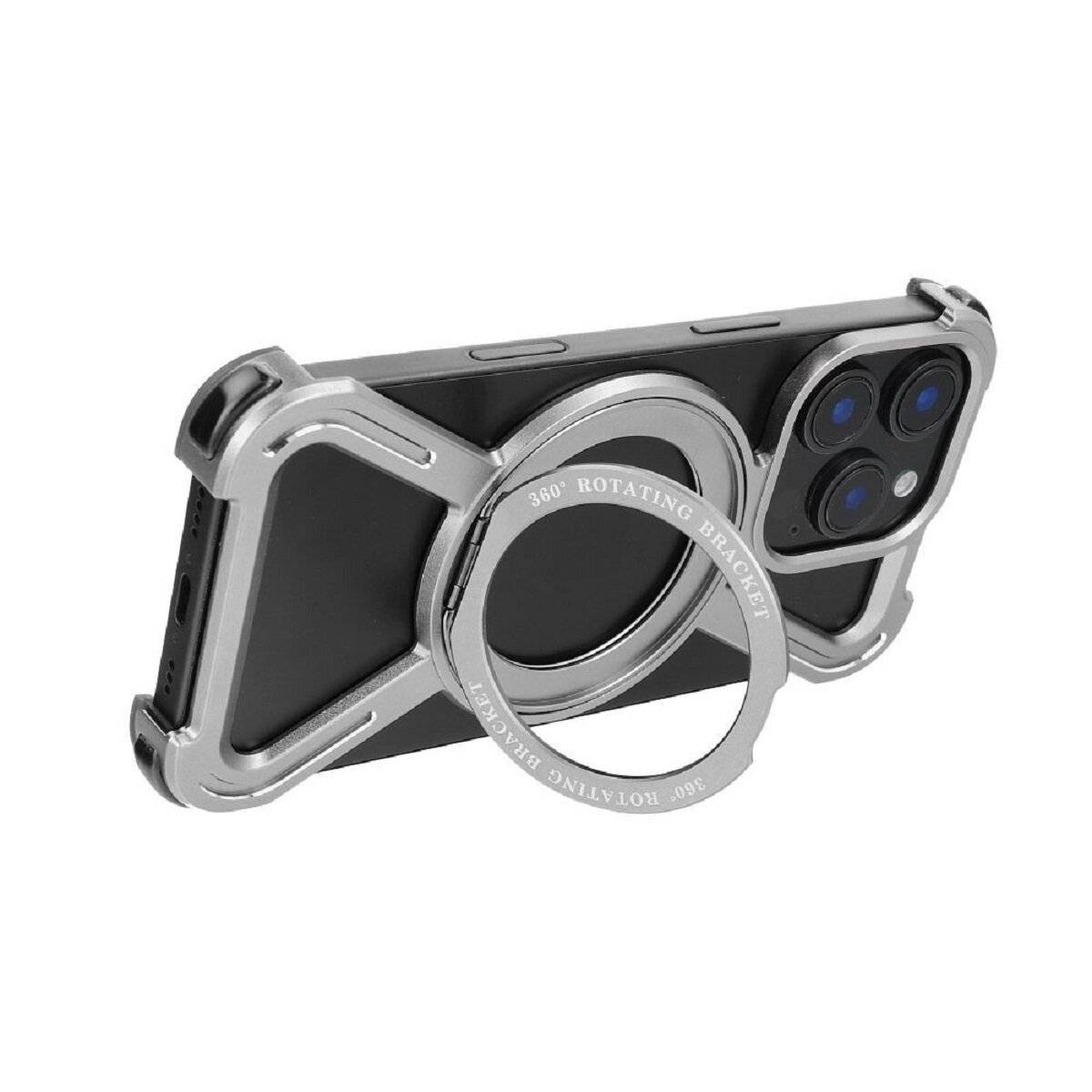 Aluminium Handyhülle Verstärkte Kanten und integrierter Ringständer kompatibel mit iPhone 16 Silber