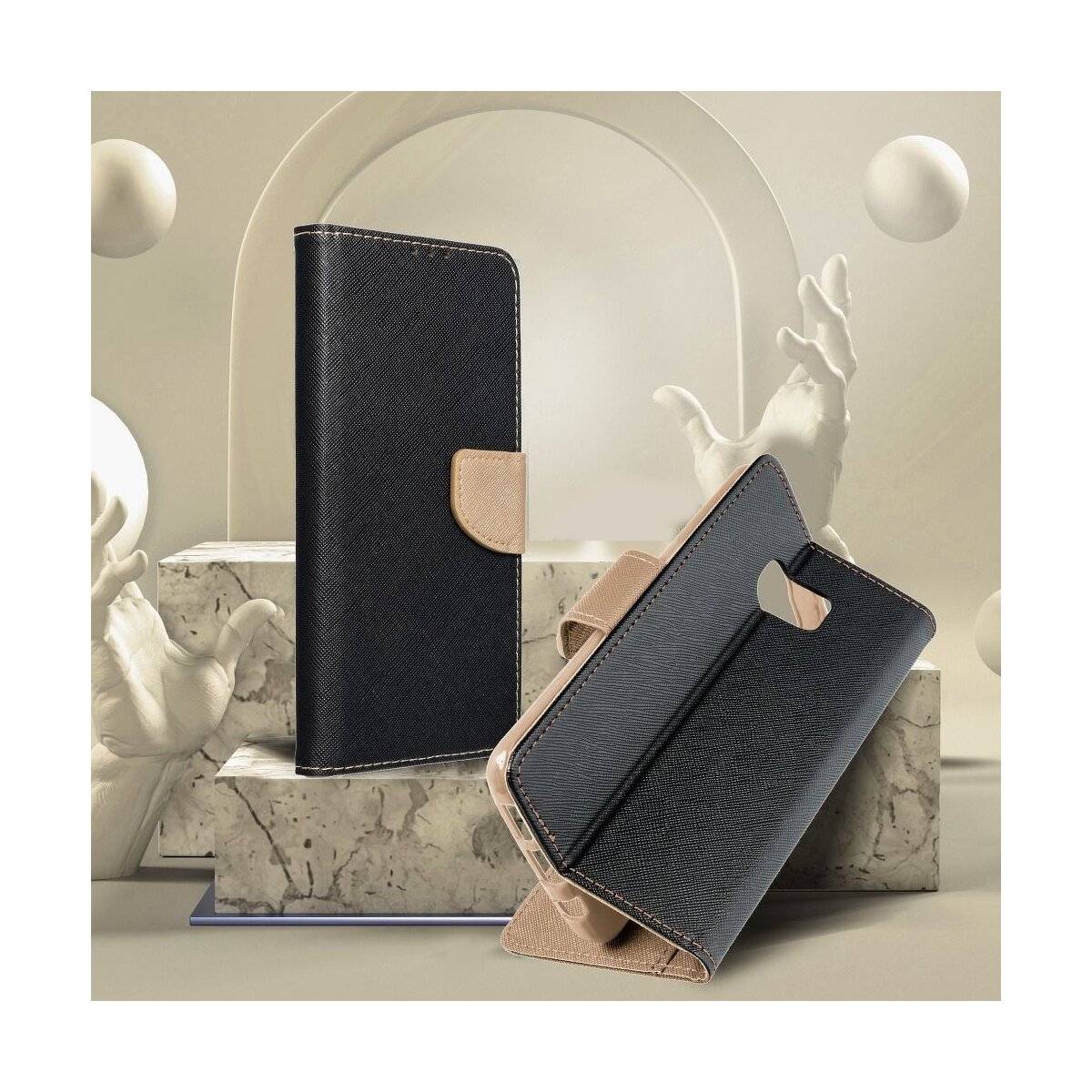 Buch Tasche "Fancy" kompatibel mit Xiaomi Redmi 14c Hülle mit Standfunktion, Kartenfach Schwarz-Gold