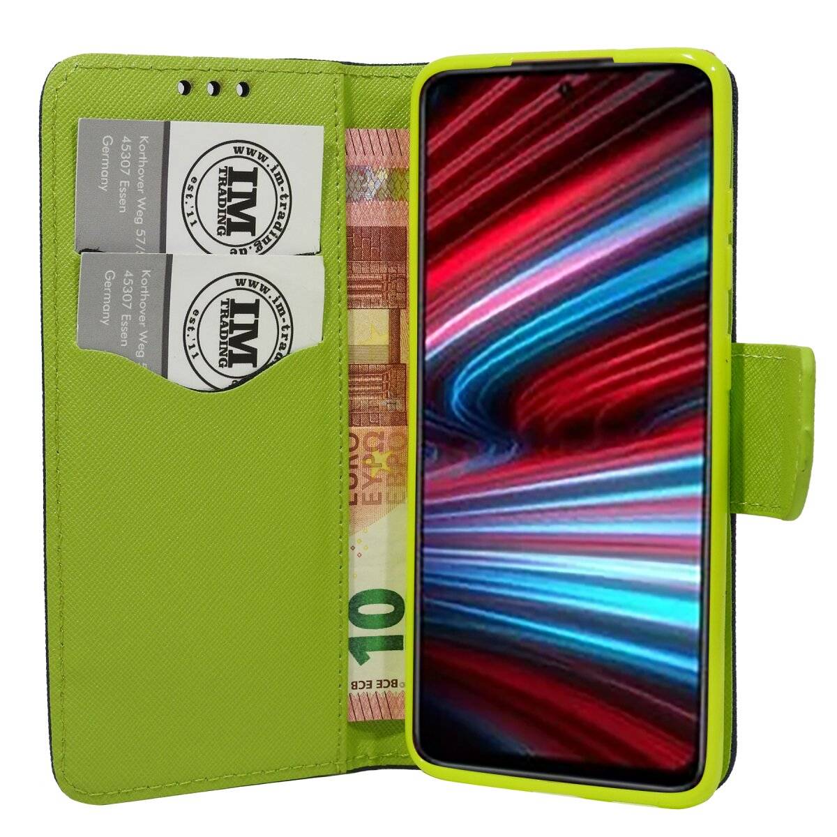 Buch Tasche "Fancy" kompatibel mit XIAOMI REDMI 14C Handy Hülle Schutzhülle mit Standfunktion, Kartenfach Blau-Grün