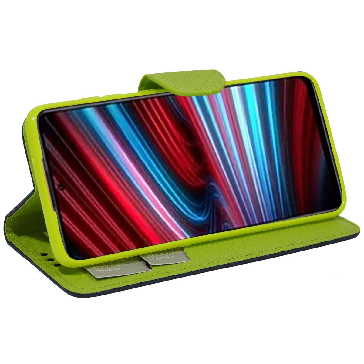 Buch Tasche "Fancy" kompatibel mit XIAOMI REDMI 14C Handy Hülle Schutzhülle mit Standfunktion, Kartenfach Blau-Grün