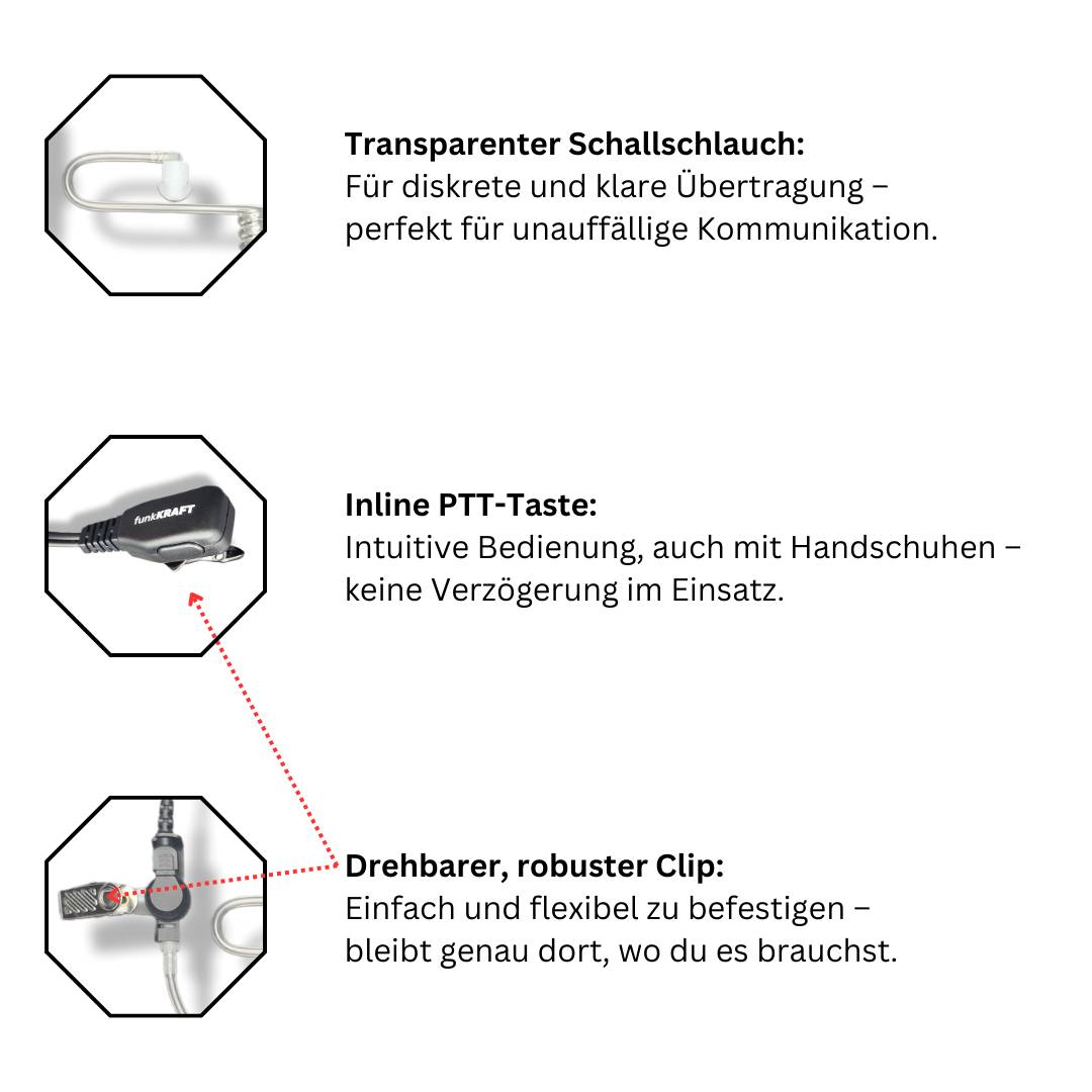 funkKRAFT SecureWave Core M – Security Headset mit Schallschlauch für Motorola 2-Pin Funkgeräte