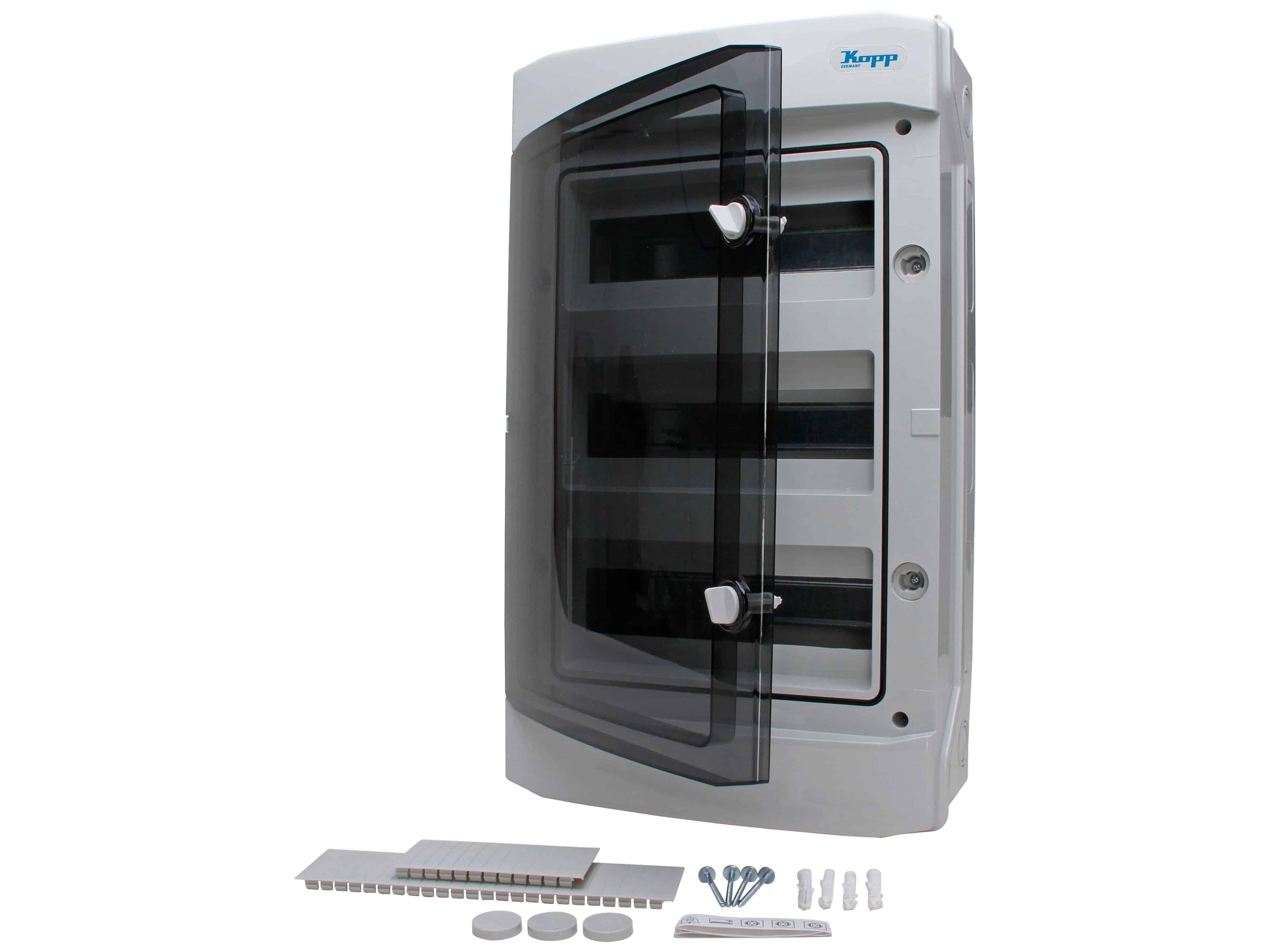 KOPP Aufputz-Feuchtraum-Verteilerkasten N36D, IP65, mit Tür, 3-reihig, 36 Pole