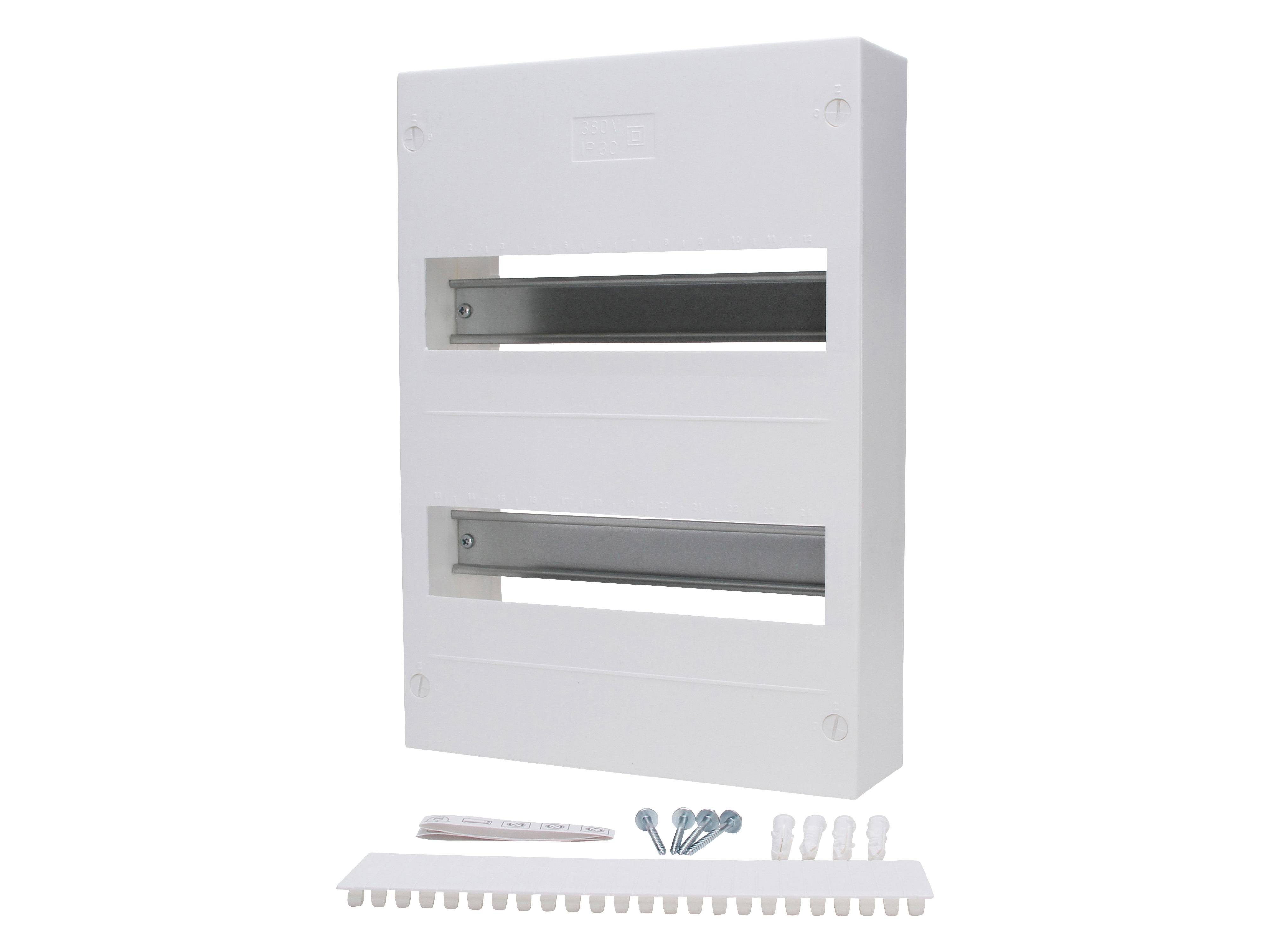 Weißes Elektroverteilerbrett mit zwei horizontalen Schlitzen, inklusive Montageschrauben, Kunststoff-Wanddübel und einer Leiste zum Verlegen von Leitungen.
