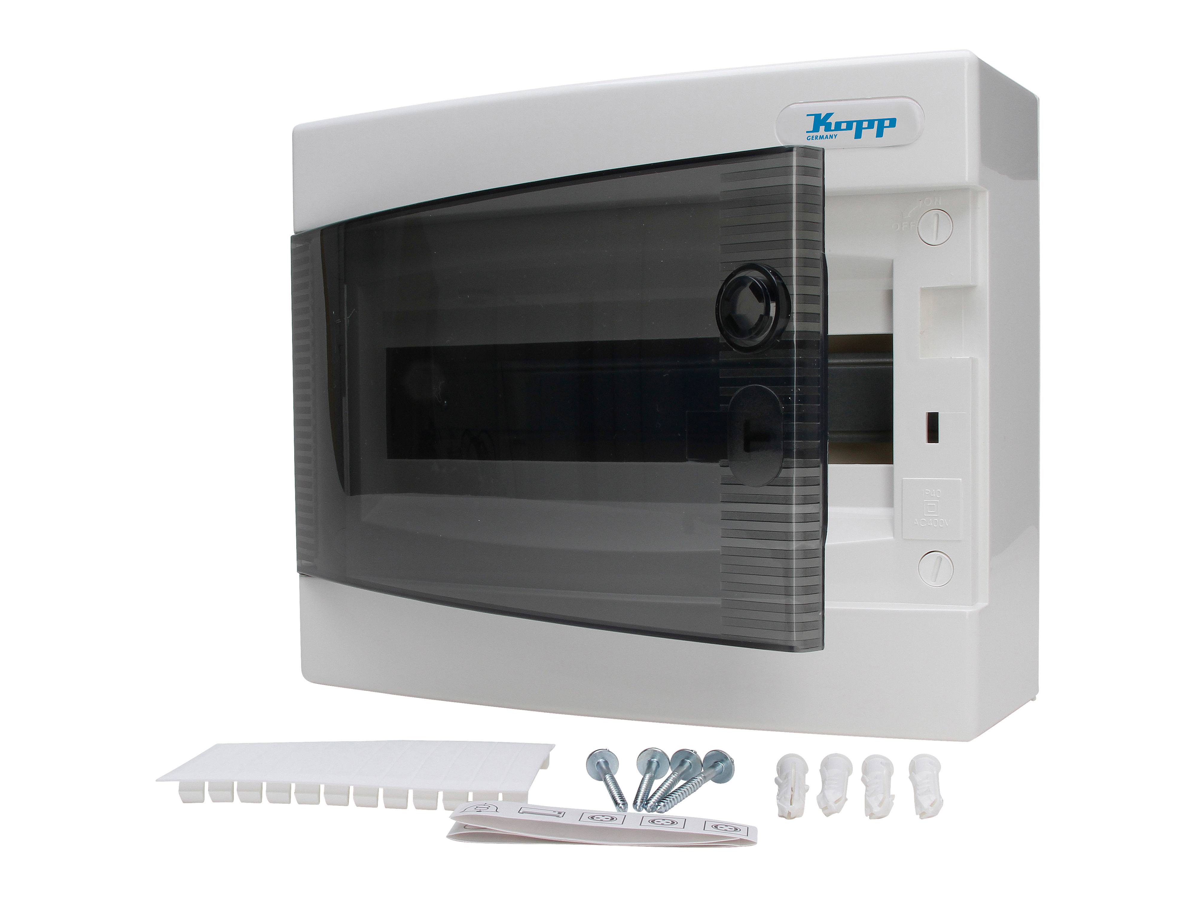 Eine elektrische Verteilerdose mit durchscheinendem Deckel, Markenname oben rechts. Inklusiv Befestigungsschrauben, Dübel und Etiketten.