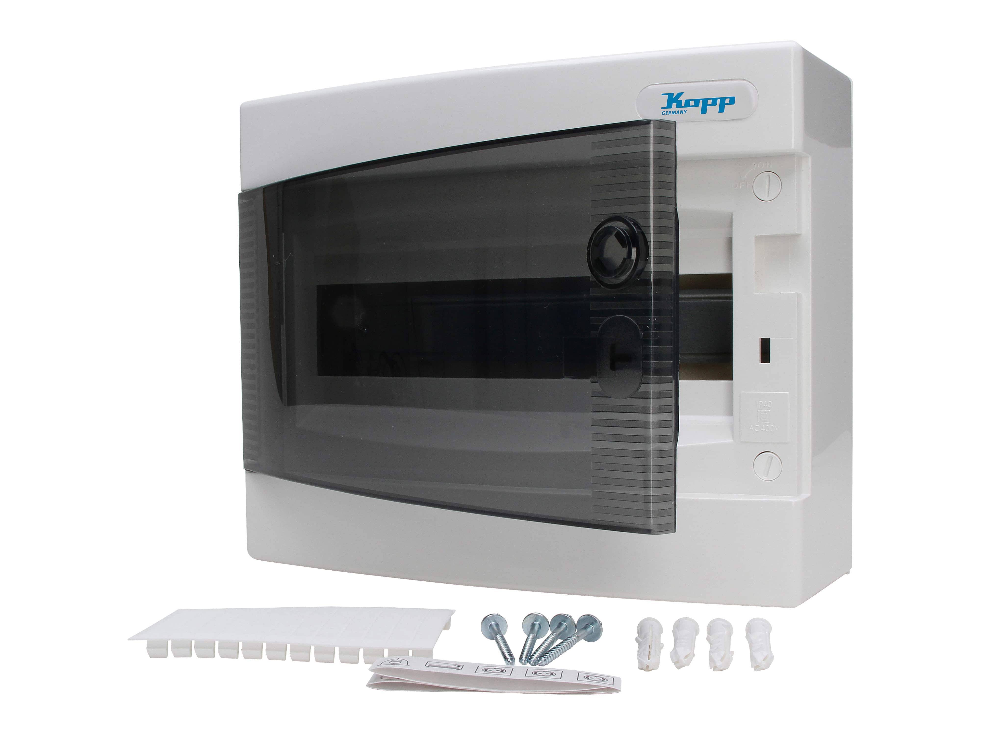 KOPP Aufputz-Verteilerkasten N12C, IP40, mit Tür, 1-reihig, 12 Pole