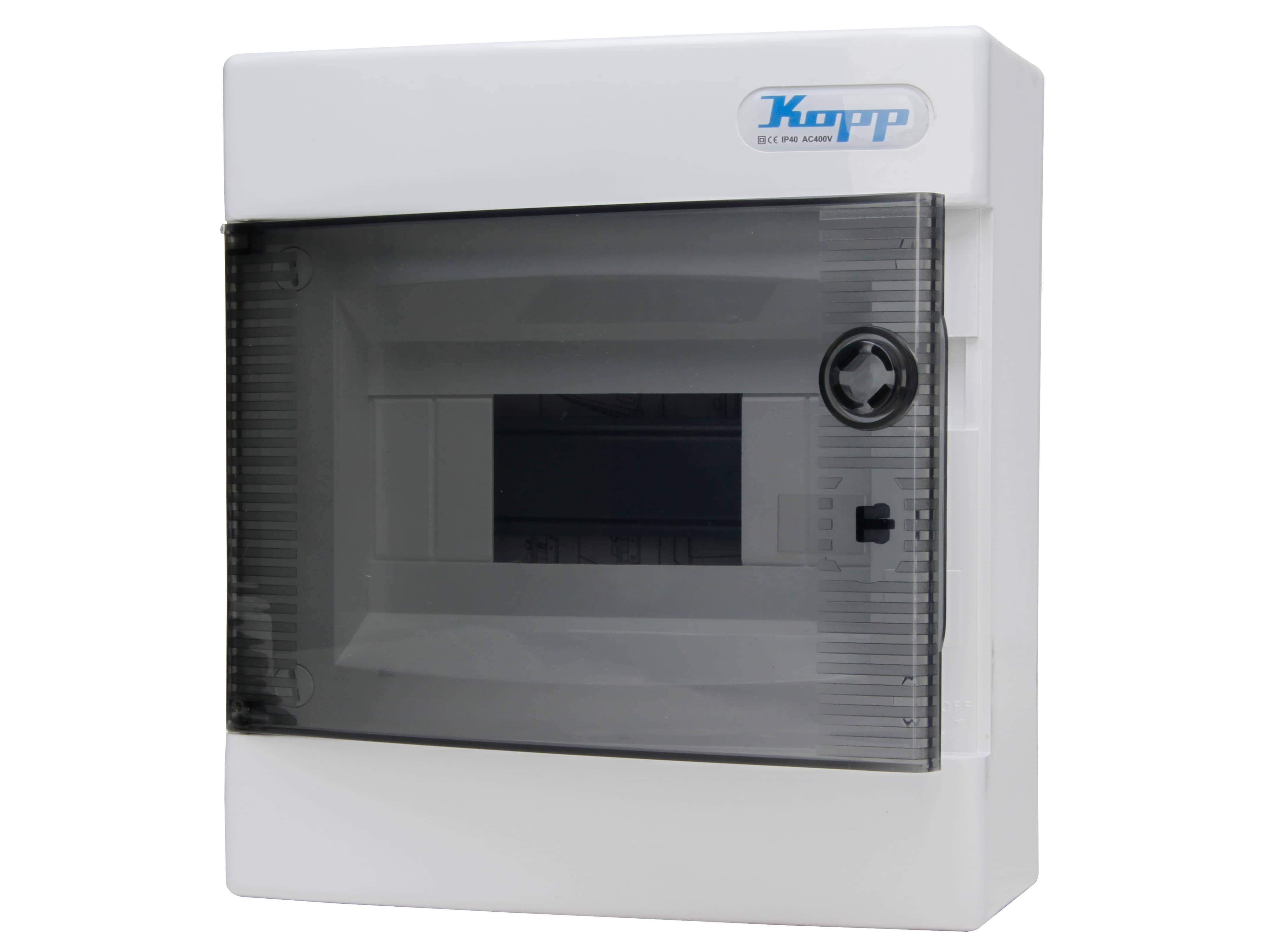 KOPP Aufputz-Verteilerkasten N8C, IP40, mit Tür, 1-reihig, 8 Pole