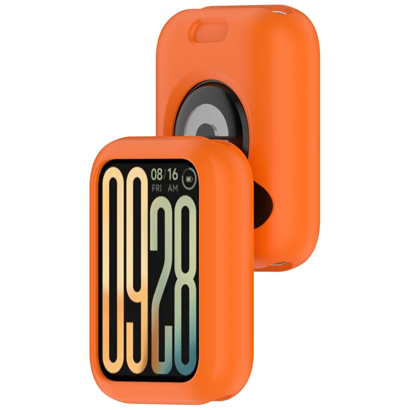 Orangefarbenes Schutzgehäuse für eine Smartwatch, von vorne und von hinten gezeigt, mit großem digitalen Zifferblatt, das 09:28 und das Datum 08/16 anzeigt.
