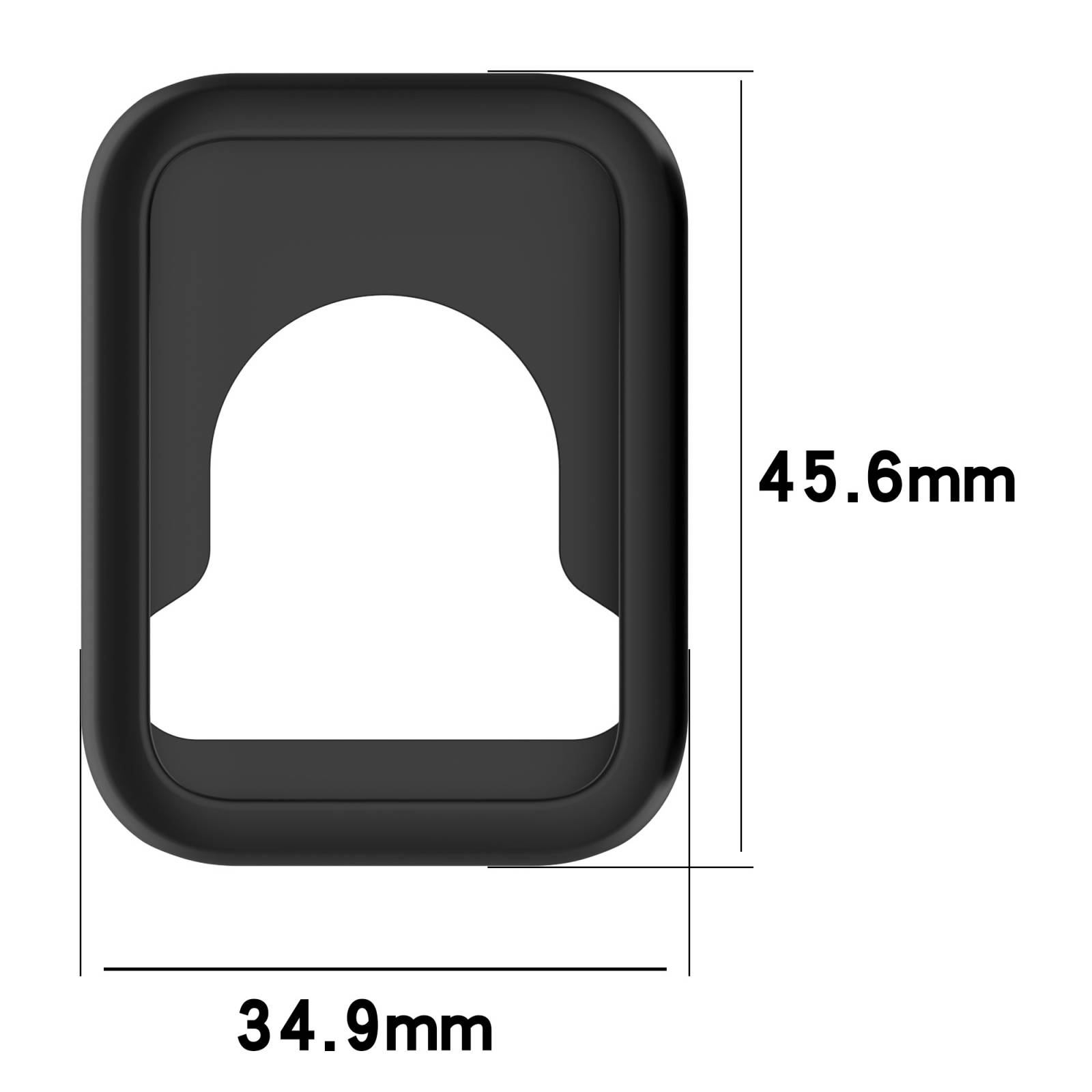 Schwarze abgerundete Silikonhülle mit rechteckiger Form und weißem ausgeschnittenem Silhouetten-Design, mit den angegebenen Abmessungen von 45,6 mm Höhe und 34,9 mm Breite.