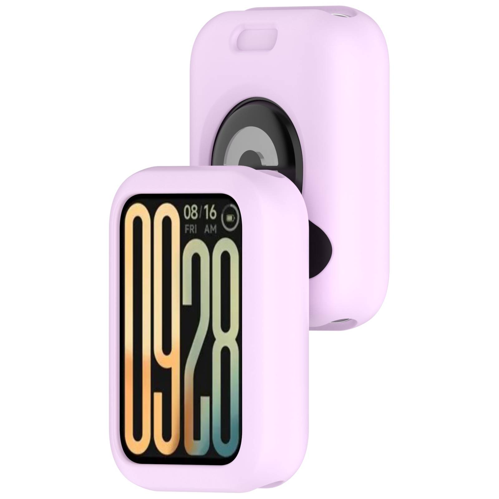 Schutzhülle für Smartwatch in Pastellrosa, von vorne und hinten gezeigt, mit Displayausschnitt und seitlicher Tastaturabdeckung.
