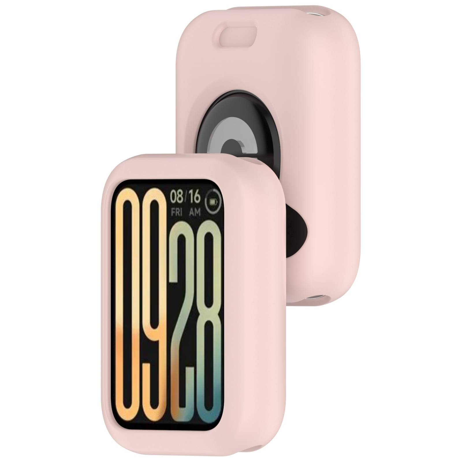 Rosa Schutzhülle aus Silikon für eine Smartwatch, von vorne und hinten gezeigt mit sichtbarem Bildschirm und Ausschnitt für die Seitentaste.