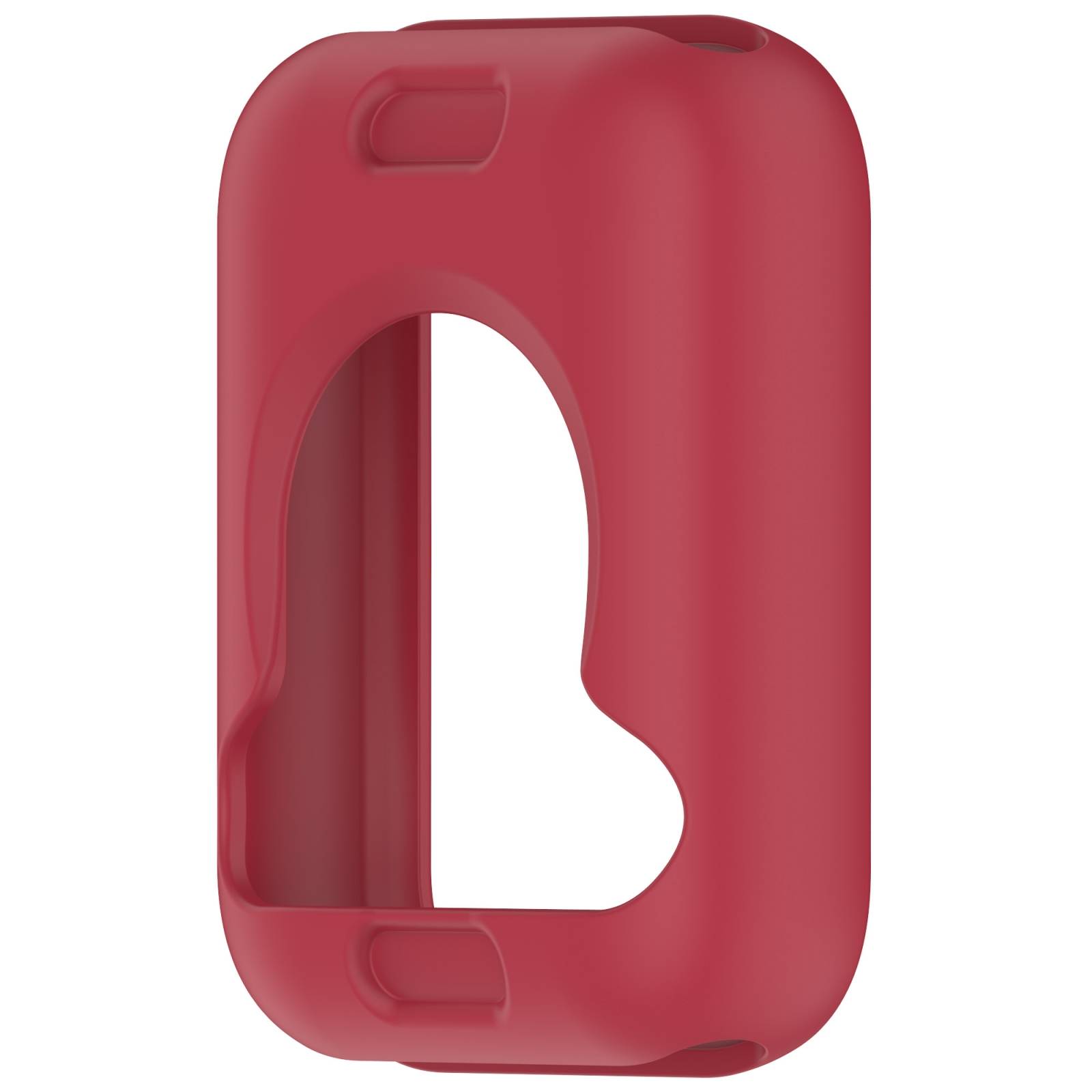 Rote Silikon-Handyhülle mit großer Aussparung, die eine weiße Telefonsilhouette auf einfachem Hintergrund zeigt.